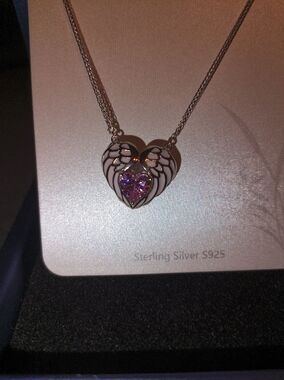 💜 Angel Wing Heart Necklace | 925 Sterling Silver | Purple Crystal